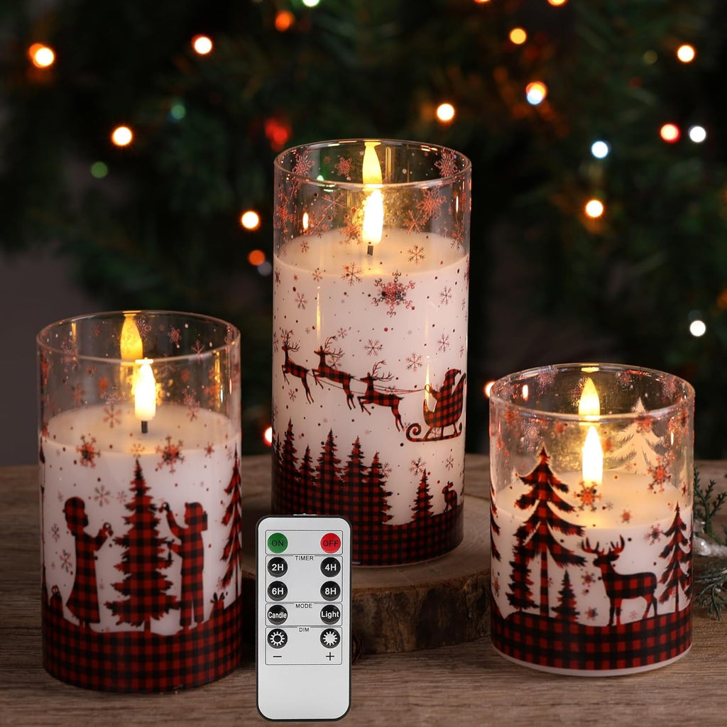 Red Buffalo Plaid Christmas Flameless Candles with Remote, Flickering LED Pillar Candles in Glass, Set of 3