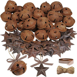 80 Pcs Rusty Metal Christmas Sleigh Bells Jingle Bells Rustic Craft Bell 1-1/2" and Dimensional Mini Rusted Metal Barn Stars