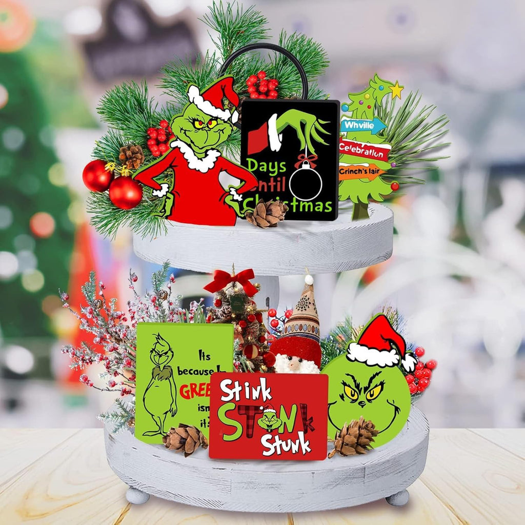 Christmas Tiered Tray Decorations - 6pcs Wooden Signs Table Centerpieces