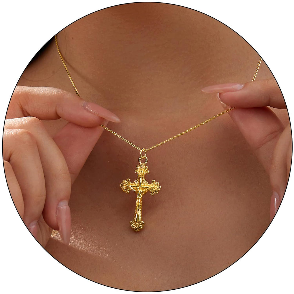 Jesus Cross Necklace for Women 14K Gold Plated Choker Holy Cross Chain Dainty Faith Crucifix Pendant Baptism Christian