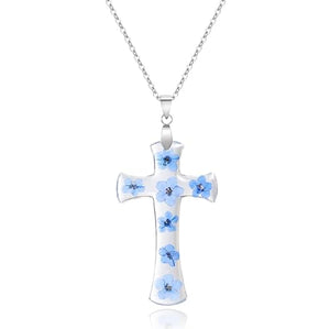 Cross Necklace for Women Girls,Forget-Me-Not Pressed Real Flower Necklace, Silver 18"