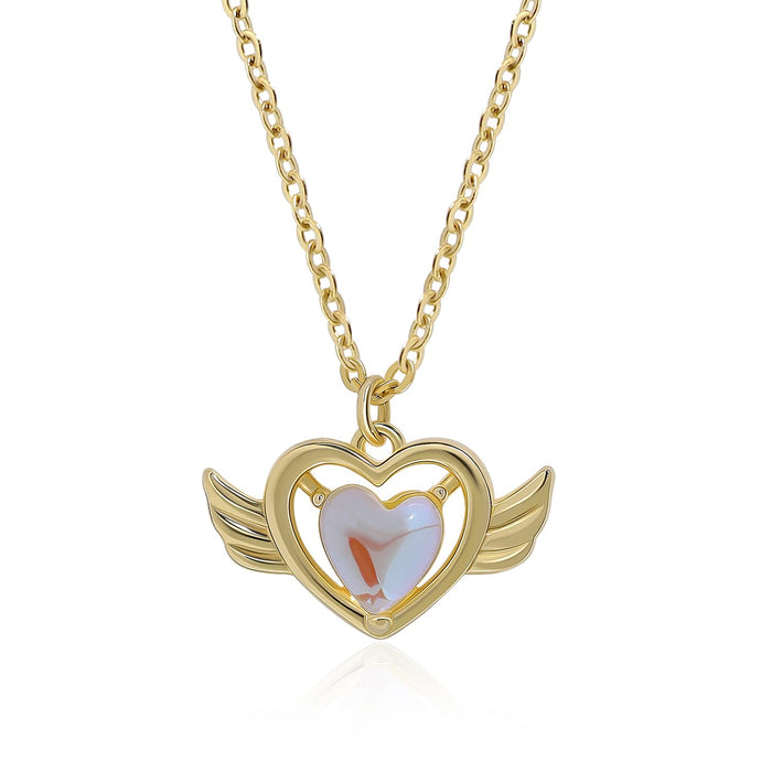 Gold Necklace for Women, Heart Shape Charm with Angel Wings Necklace