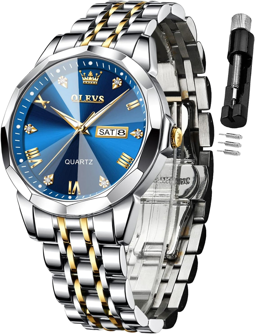 Watch for Men Diamond Business Dress Analog Quartz Stainless Steel Waterproof Luminous Date Two Tone Luxury Casual Wrist Watch, Blue