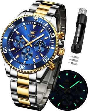 Watches for Men Stainless Steel Analog Quartz Chronograph Moon Phase Watch Waterproof Date Luminous, Blue