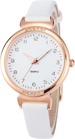 Ladies Sports Watch Casual Watch Crystal Accented Leather Strap Watch Analog Display, White