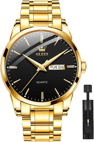 Classic Men Watches with Date,Stainless Steel Man Watch with Date, Bussiness Watches for Men, Gold Black Dial