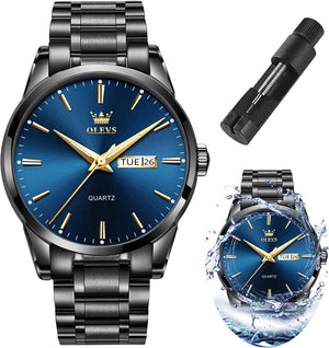 Men's Luxury Watch Waterproof Luminous Easy Read Chronograph Watches, black steel deep blue face