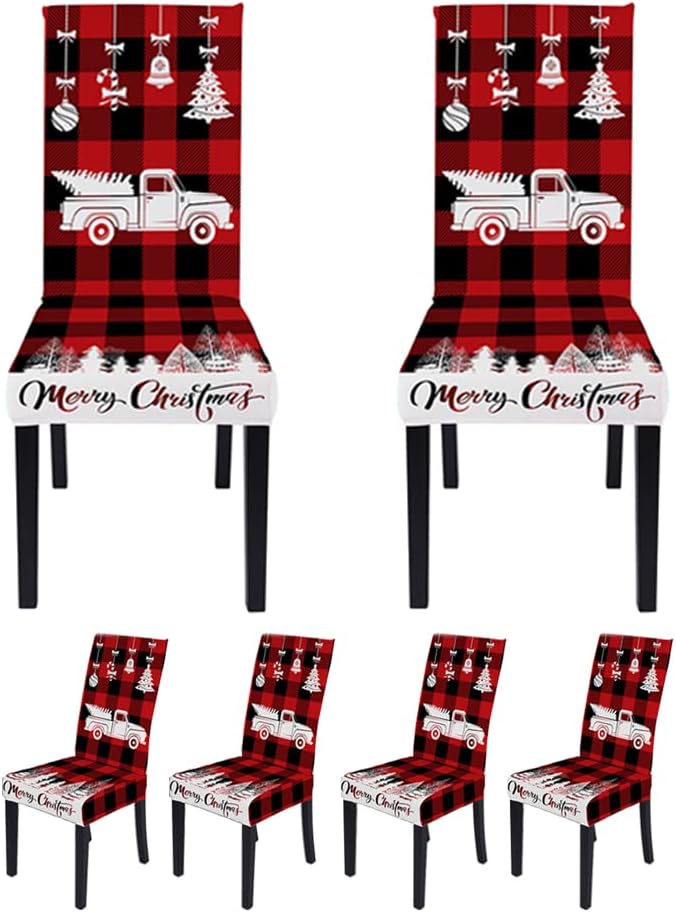 Set of 6 Car Print Dining Chair Slipcovers Stretch Xmas Parsons Chair Slipcovers, Red Buffalo Plaid