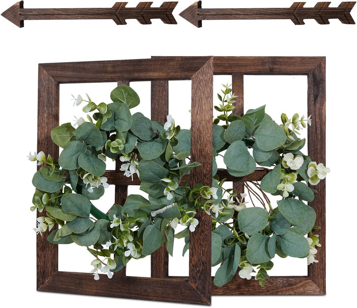 Rustic Wood Window Frame with Green Wreath and Arrows Wall Decor, Brown