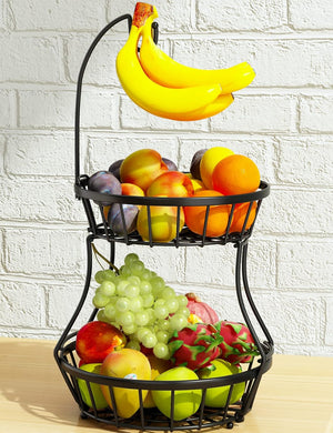 2-Tier Fruit Basket Bowl Stackable Vegetable Storage with Banana Tree Hanger Stand