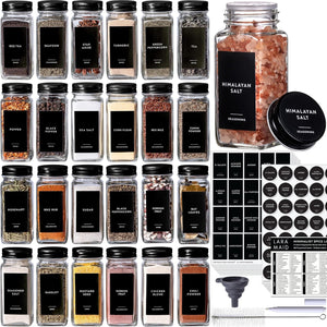 4oz 24Pack Spice Jars with 455 Black Vinyl Spice Labels, Shaker Lids Dispenser with Airtight Black Metal Caps