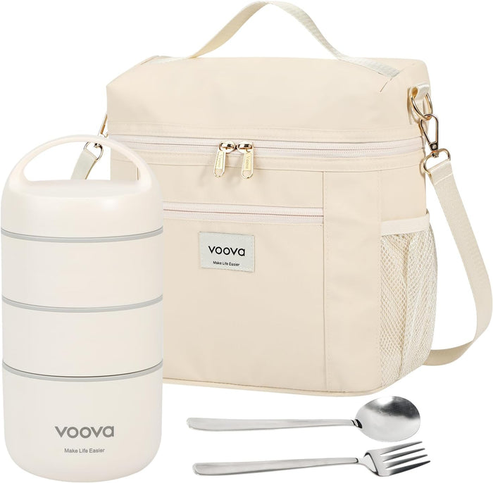 Stackable Stainless Steel Thermal Lunch Box with Lunch Bag and Cultery Set for Adult Women Men, 3 Tier Leakproof All-in-One, Beige