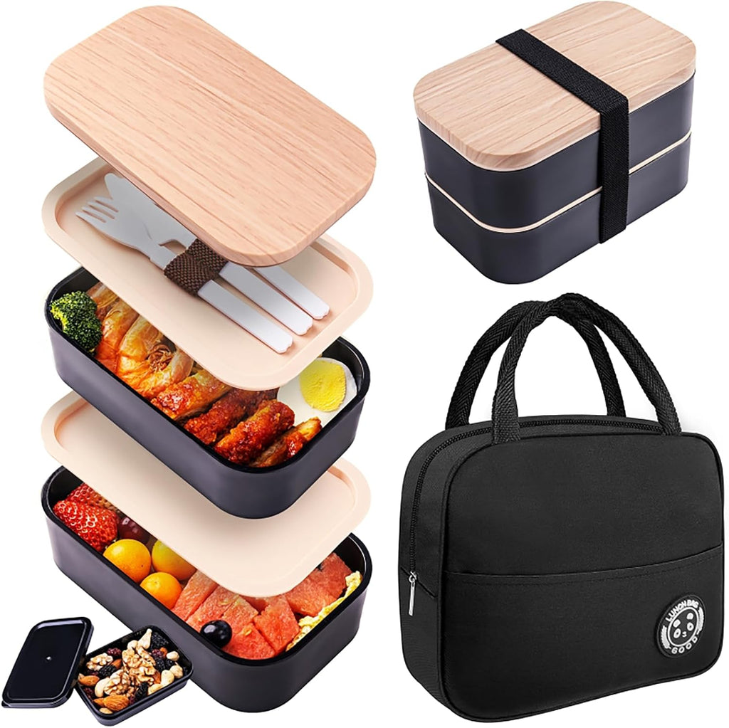 Bento Box with Lunch Bag Microwavable All-in-One Meal Prep Compartment Lunch Containers with Utensils, Black