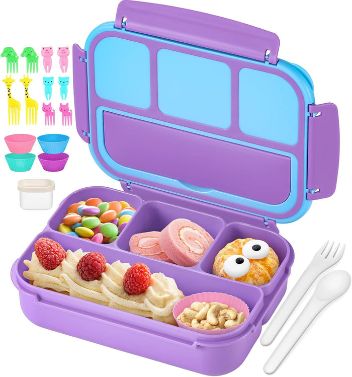 Bento Lunch Box with 4 Compartments, Sauce Container, Utensils, Food Picks and Muffin Cups for School - Purple