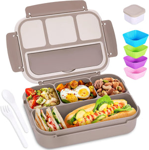 Bento Box Adult Lunch Box, Containers for Adults Men Women with 4 Compartments, Lunchable Food Container with Utensils, Brown