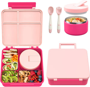 Bento Lunch Box with 8oz Soup Thermo, Kids Leakproof Lunch Food Containers with 4 Compartment, Pink