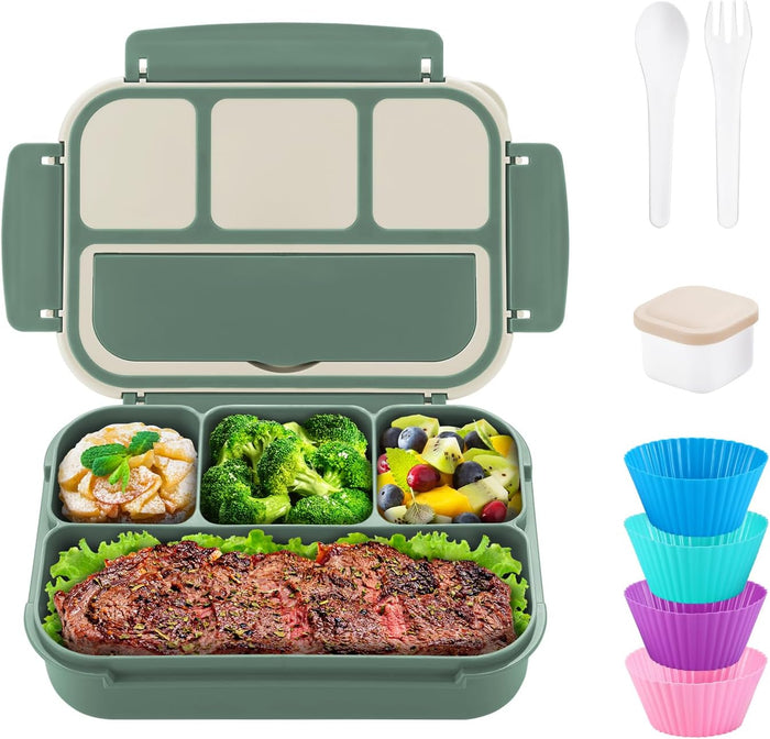 Bento Box Adult Lunch Box, Bento Box for Kids, 1200 ML Lunch Containers for Adults, Food Storage Container With 4 Compartments, Green