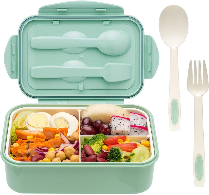 1100 ML Bento Lunch Box For Kids Childrens With Spoon & Fork, BPA-Free and Food-Safe Materials (Green)