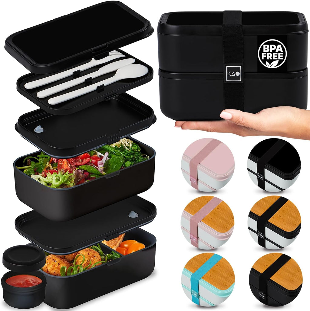 67 fl oz BPA-Free - Black Stackable Lunch Box with Leak-Proof Lids & Dividers