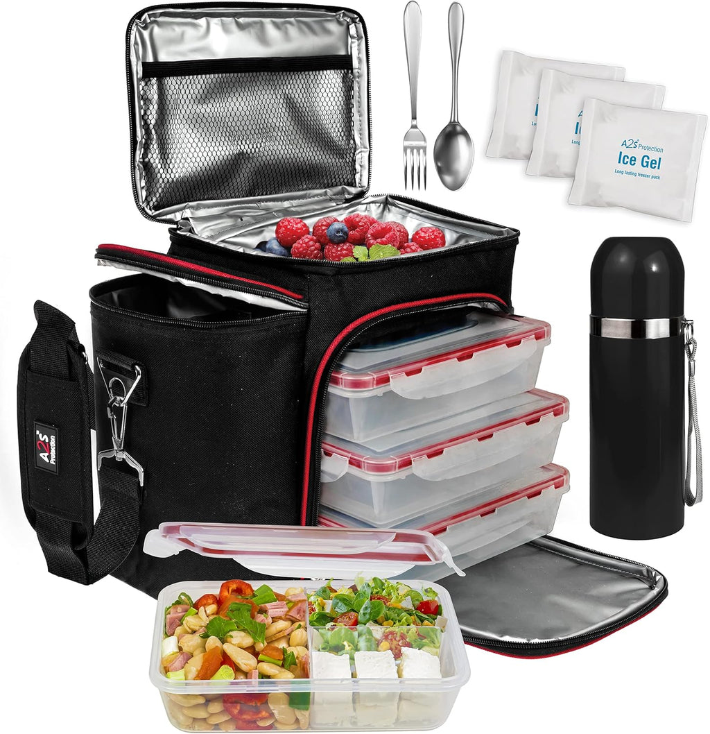 8 Piece Set - Insulated Container For Women or Men - 3 Bento Style Boxes (BPA Free) in Large Lunch Bag