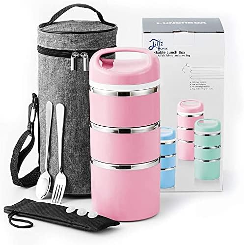 Stackable Stainless Steel Thermal Lunch/Snack Box, 3-Tier Insulated Bento Box with Portable Cutlery Set, 43OZ, Pink