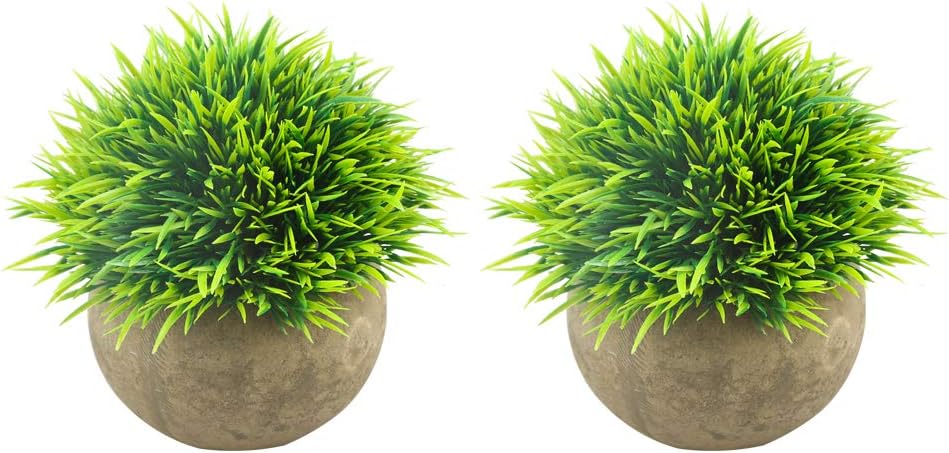 Mini Artificial Plants, Plastic Fake Green Grass Faux Greenery Topiary Shrubs with Grey Pots, 2 Pack