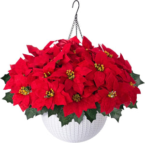 Artificial Fake Poinsettia Flowers Plants Hanging Basket for Christmas New Years Decoration, Faux Red Flower Realistic