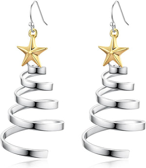 Handmade Christmas Tree Dangle Hoop Earrings Golden Silver Two Tone Women Holiday Gift