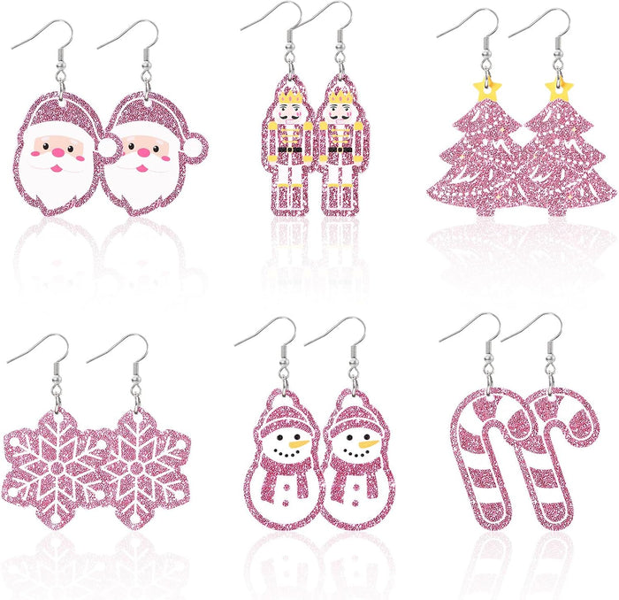 6 Pairs Pink Christmas Acrylic Dangle Earrings Christmas Tree Snowflake Santa Nutcracker Snowman Candy Canes