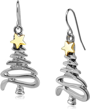 Cute Christmas Tree Piercing Dangle Earrings Golden Silver Two Tone Women Holiday Gift