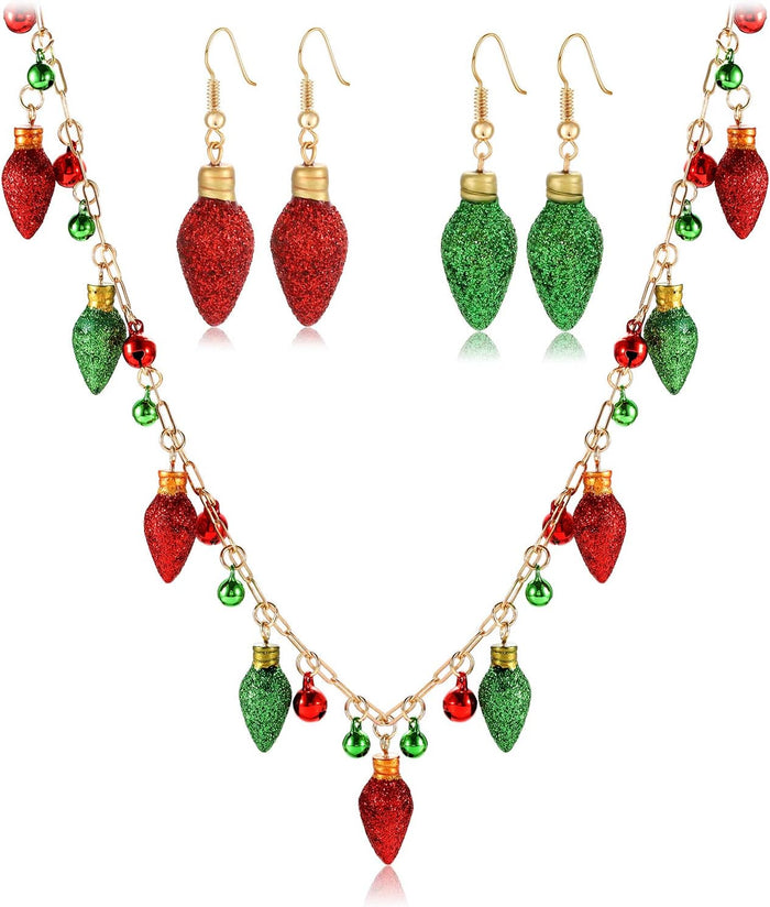 Christmas Necklace Red Green Glitter Christmas Light Bulb Necklace Earrings Set