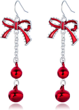 Lightweight Christmas Red Bow Knot Piercing Dangle Earrings Jingle Tassels Silver Plated Women Holiday Gift