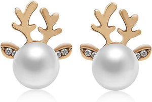 Christmas Earrings for Women Stud Earrings Cute Faux Pearl Antler Earrings (Gold)