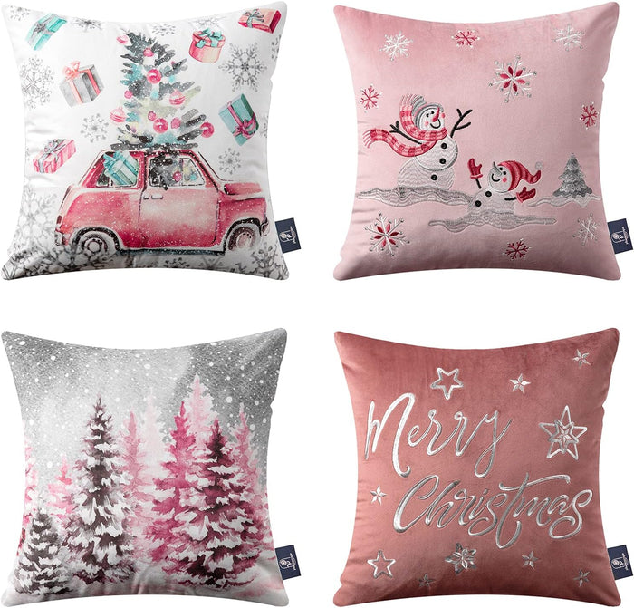 Set of 4 Merry Christmas Decorative Print and Embroidery Velvet Throw Pillow Covers, pink