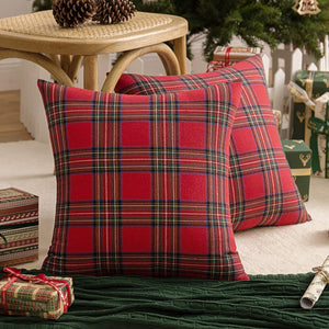 Pack of 2 Christmas Plaid Decorative Throw Pillow Covers Scottish Tartan Cushion Case, Red and Green Plaid