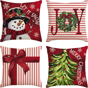 Set of 4 Merry Christmas Let It Snow Joy Stripes Gift Box Red Throw Pillow Covers, 18 x 18 Inch Xmas Tree Holiday Cushion Cases