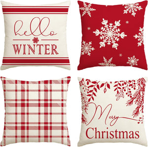 Merry Christmas Hello Winter Buffalo Plaid Snowflake Red Throw Pillow Cover, 18 x 18 Inch Winter Holiday Cushion Case Decoration for Sofa Couch Set of 4