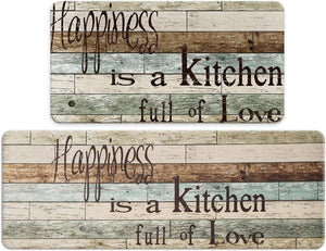 Farmhouse Kitchen Mats Sets 2 Piece Cushioned Anti-Fatigue Comfort Mat, 30" by 17" + 47" by 17",Happiness