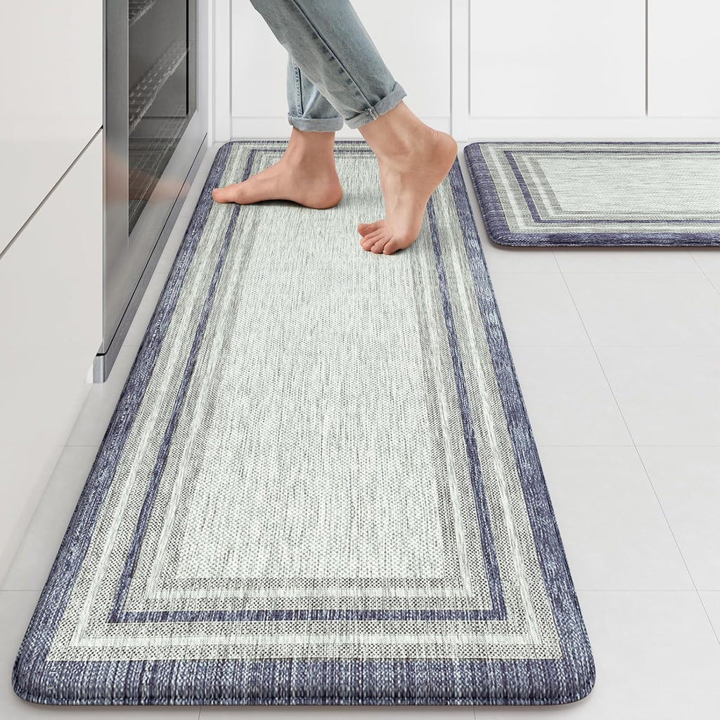 Anti Fatigue Kitchen Mat 2PCS,Non-Skid Waterproof Kitchen Rugs,Farmhouse Kitchen Mat, Blue and Gray