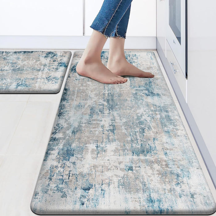 Set of 2 Blue Kitchen Mats for Floor Cushioned Modern Abstract Kitchen Rugs, Blue