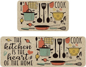 The Kitchen is The Heart of The Home Kitchen Mats Set of 2, Seasonal Cooking Sets Holiday, 17x29 and 17x47 Inch, Beige