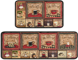 2 Piece Coffee Kitchen Decor Rug Set, Home Kitchen Sink Rugs and Mats Non Skid, 17"x47"+17"x30", Coffee