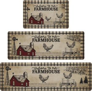 Farmhouse Kitchen Rugs Anti Fatigue 3 Piece, Washable Non-Skid Kitchen Mat, Size 18'' x 30''+18" x 48"+18" x 60"