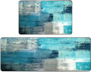 Abstract Area Rug Turquoise and Grey Abstract Art Painting 17"X48"+17"X24" Non-Slip Kitchen Rug Set