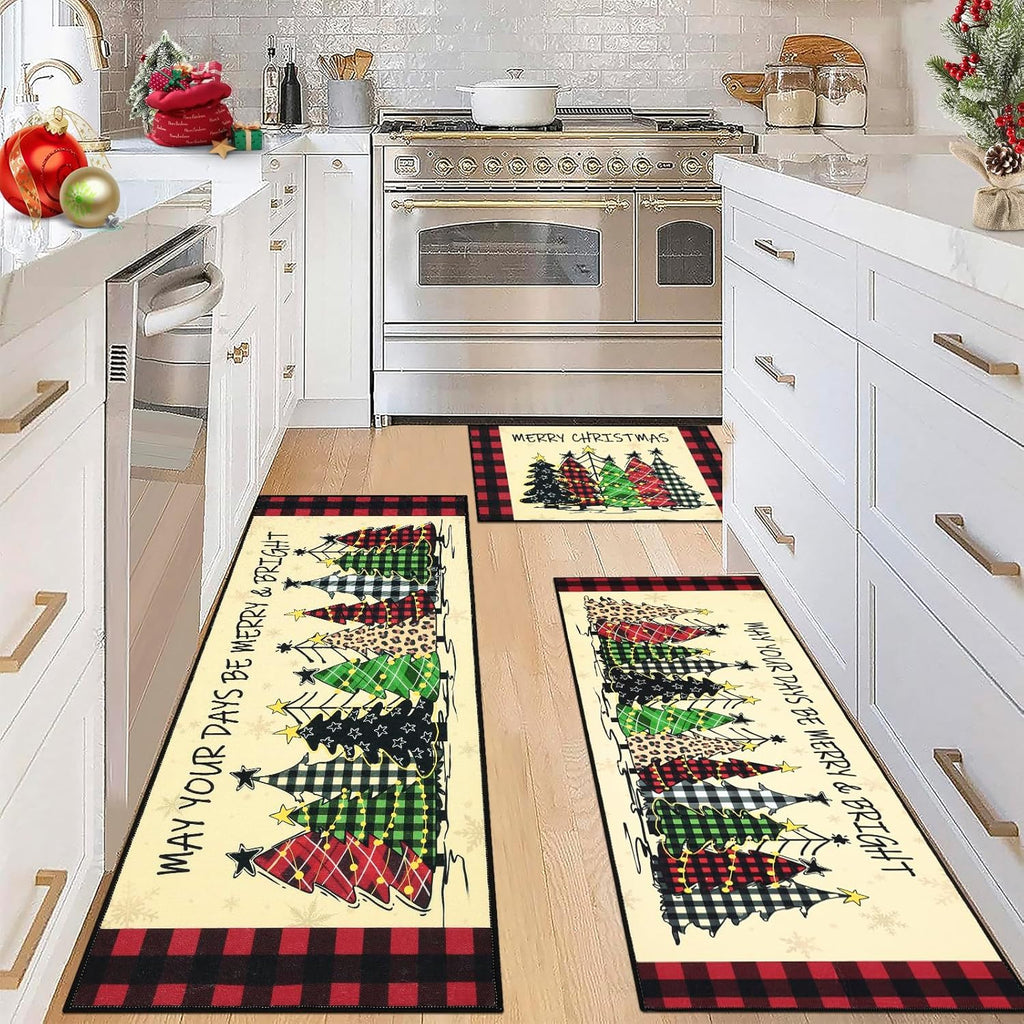 Set of 3 Xmas Tree Kitchen Rugs and Mats Winter Holiday Floor Carpet Mat