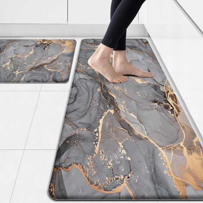 Set of 2 Grey Kitchen Rugs Non Slip Waterproof Kitchen Floor Mats Gold Kitchen Accessories, Grey