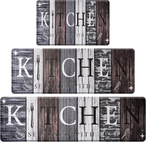 Farmhouse Kitchen Mats for Floor Set of 3, Wooden Board Theme Kitchen Rugs, 18"x30"+18"x48"+18"x60" Inches