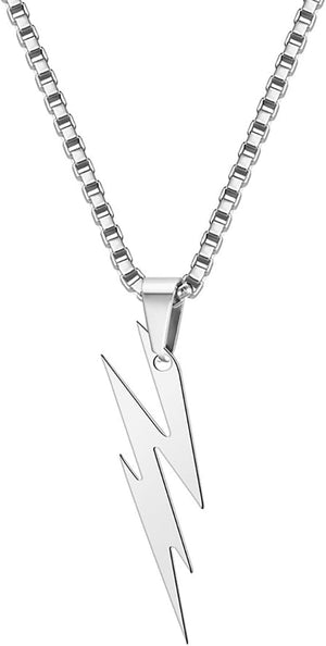 Necklace for Men Women Stainless Steel Lightning Bolt Pendant Necklace Punk Style, Silver