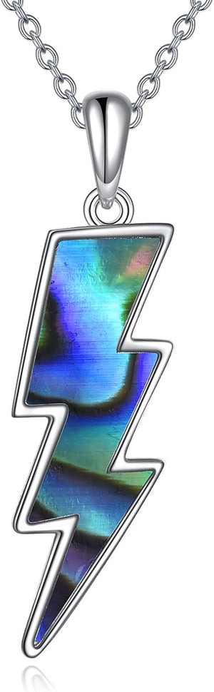 Lightning Bolt Necklace 925 Sterling Silver White Opal Thunder/Reversible Boomerang Pendant, abalone shell