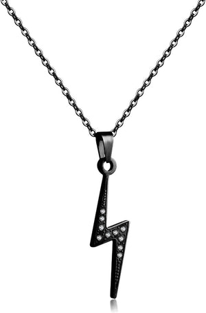 Stainless Steel Lightning Pendant with CZ Stones Necklace for Men and Women, Black